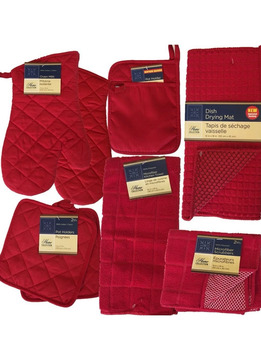 Home Collection Red Kitchen Linen Set - Oven Mitts, Pot Holders & Drying Mat
